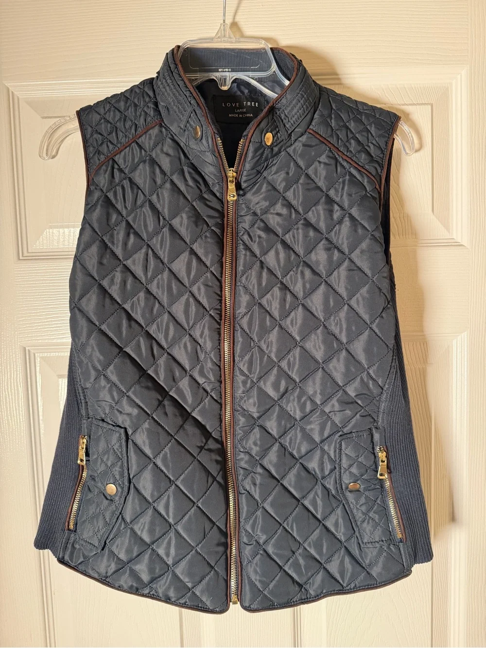 Love Tree Quilted Navy Blue Vest with Brown Trim - Picture 1 of 3